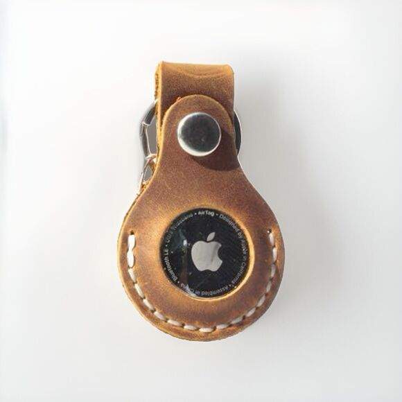 Leather AirTag Case Keychain Holder Ring and Hook Hand-stitched Camel Brown New! - Picture 1 of 3